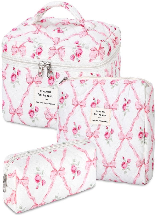 senbowe Quilted Makeup Bag, Large Floral Cosmetic Bag for Women, Pink Bow, Floral - Image 1