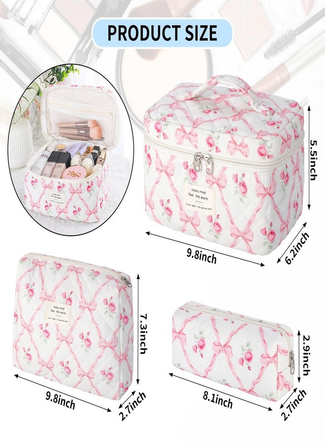 senbowe Quilted Makeup Bag, Large Floral Cosmetic Bag for Women, Pink Bow, Floral - Image 2