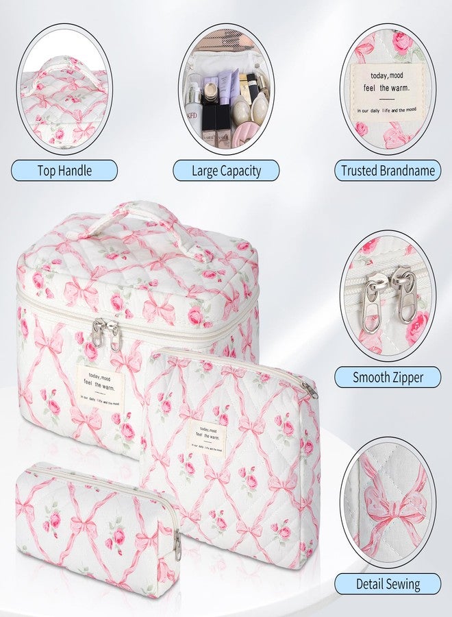 senbowe Quilted Makeup Bag, Large Floral Cosmetic Bag for Women, Pink Bow, Floral - Image 3