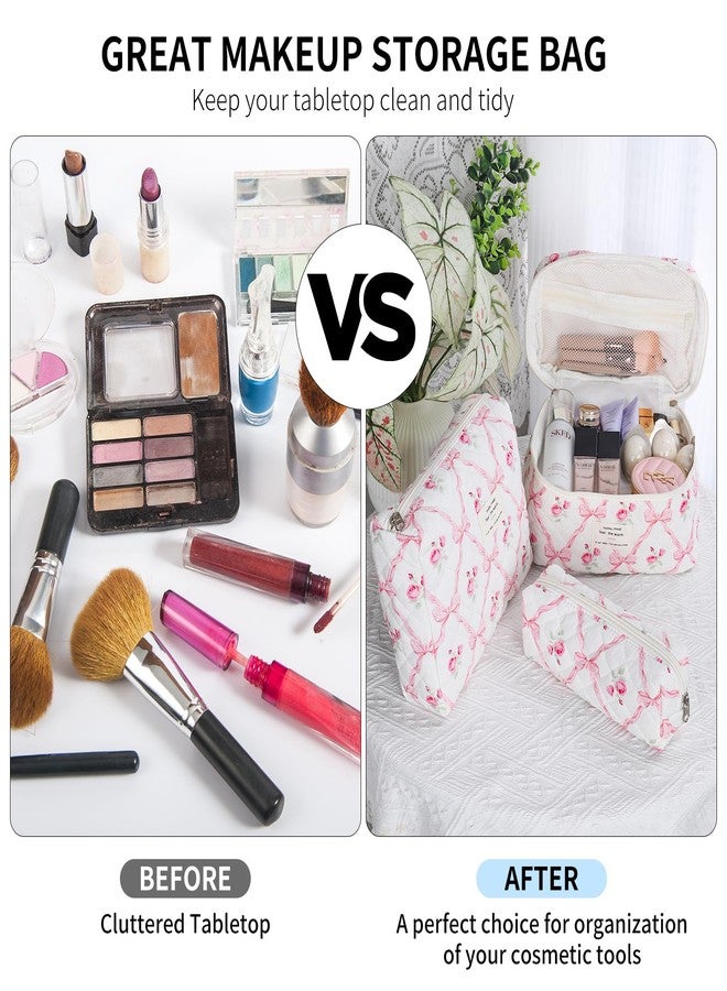 senbowe Quilted Makeup Bag, Large Floral Cosmetic Bag for Women, Pink Bow, Floral - Image 4