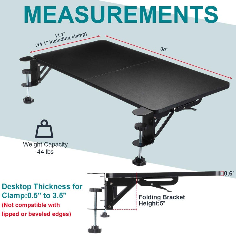 Yaocom Foldable Desk Extender 30 x 12 Inch Keyboard Tray Keyboard Extender for Desk Table Mount Arm Rest Shelf Foldable Drawer Tray for Dorm, Office, Kitchen Bar, RV Countertop, Black - Image 2