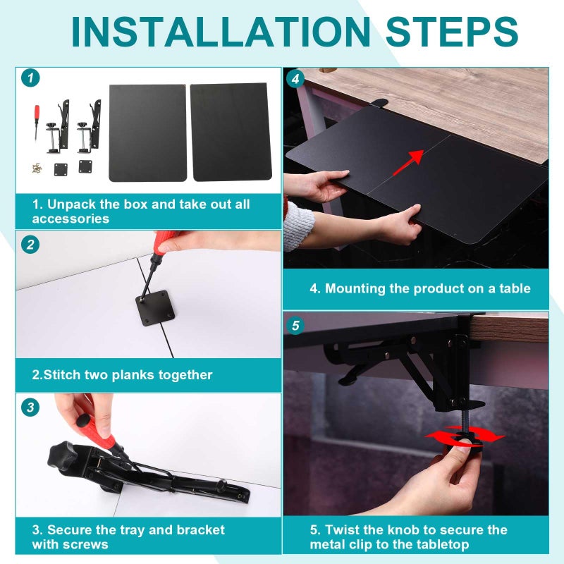 Yaocom Foldable Desk Extender 30 x 12 Inch Keyboard Tray Keyboard Extender for Desk Table Mount Arm Rest Shelf Foldable Drawer Tray for Dorm, Office, Kitchen Bar, RV Countertop, Black - Image 3