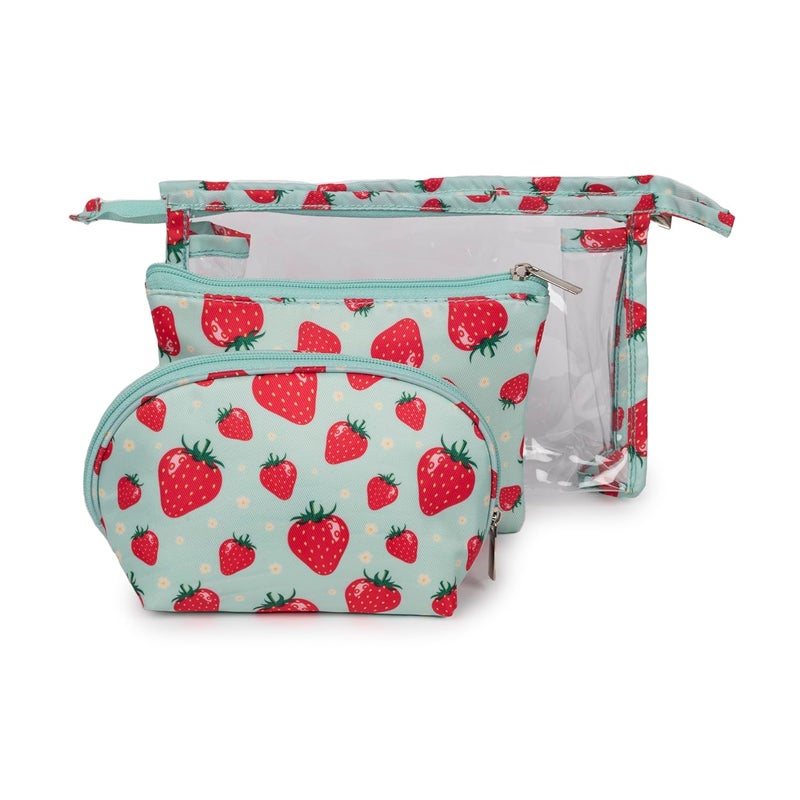 QIPS Set of 3 Cosmetic Pouches – Small, Medium & Large Makeup Bags for Women | Travel Toiletry Organizer Set with Zipper | Multipurpose Vanity Pouch for Luggage, Purse & Suitcase (Strawberry) - Image 1