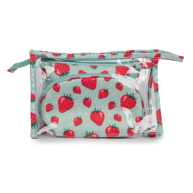 QIPS Set of 3 Cosmetic Pouches – Small, Medium & Large Makeup Bags for Women | Travel Toiletry Organizer Set with Zipper | Multipurpose Vanity Pouch for Luggage, Purse & Suitcase (Strawberry) - Image 2