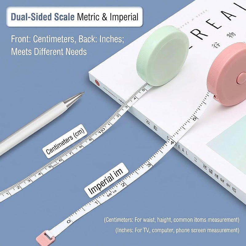 ToolHouse Mini Retractable Measuring Tape Set of 3-60-Inch Body Tape Measure for Body and Fabric, Dual Sided Ruler for Body Measurement, Weight Loss, Cloth, Knitting and Craft (Pink, Blue, Green) - Image 2