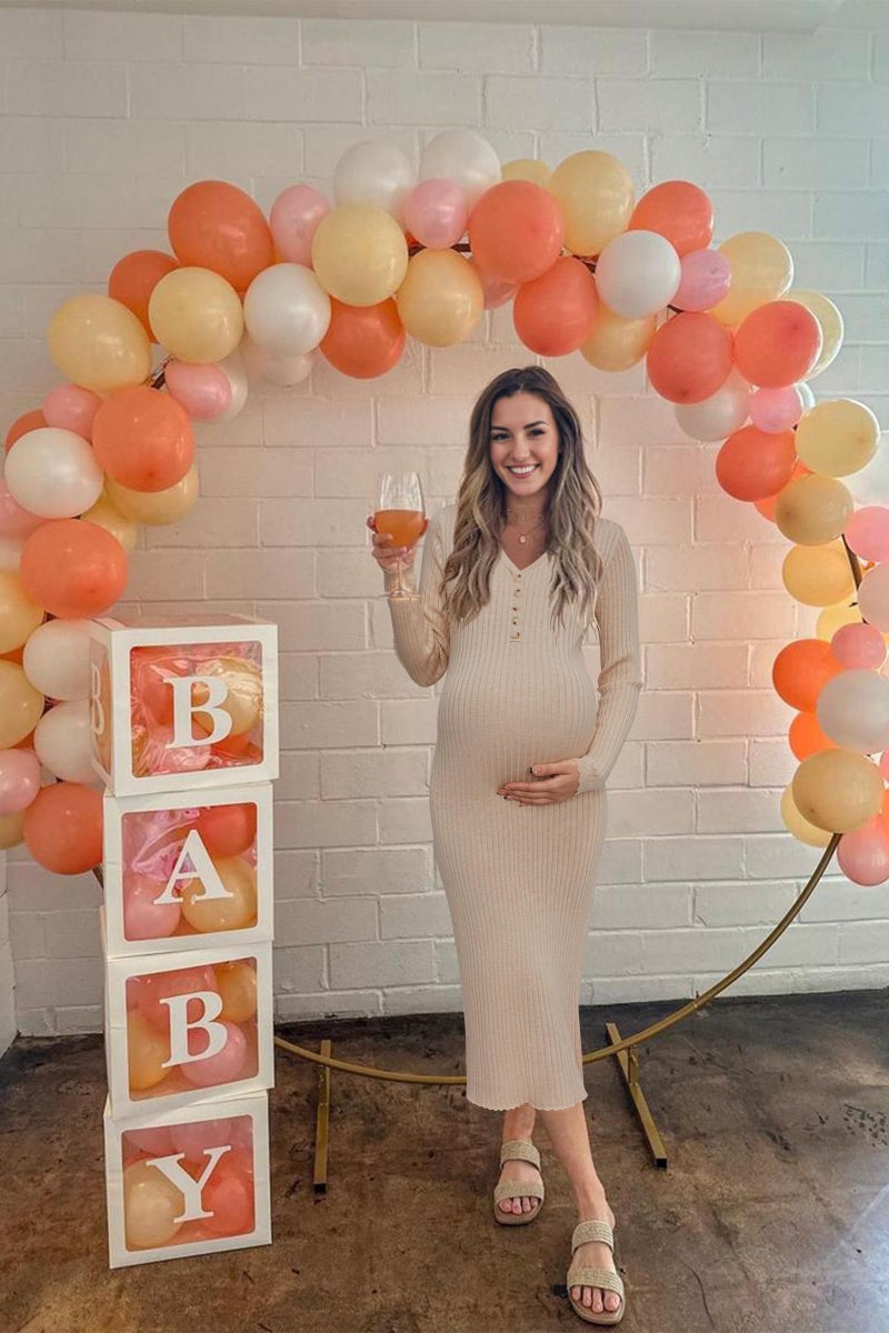 OUGES Women's Wool Blend Stretchy Button Maternity Photoshoot Baby Shower Dress Semi-Formal Bodycon Sweater Dresses(Apricot,L) - Image 4