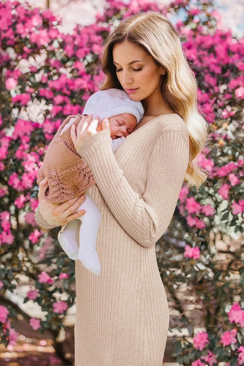 OUGES Women's Wool Blend Stretchy Button Maternity Photoshoot Baby Shower Dress Semi-Formal Bodycon Sweater Dresses(Apricot,L) - Image 3
