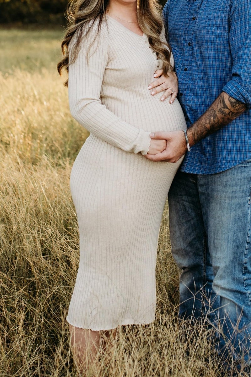 OUGES Women's Wool Blend Stretchy Button Maternity Photoshoot Baby Shower Dress Semi-Formal Bodycon Sweater Dresses(Apricot,L) - Image 2