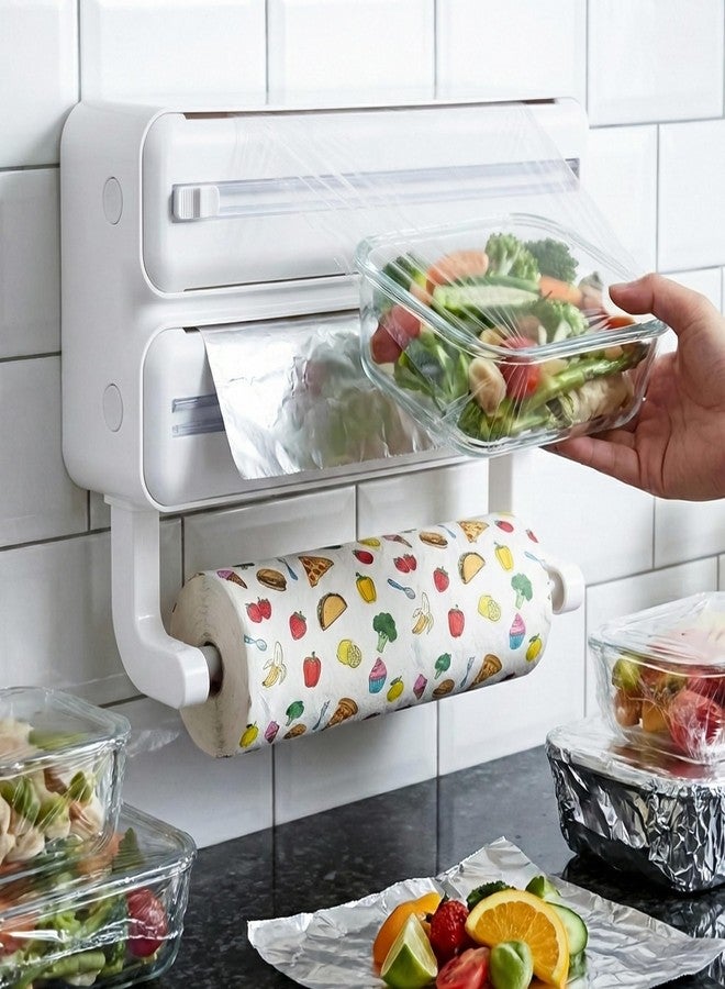 CLAPONE Foil Paper Cutter and Holder Aluminium Foil and Plastic Wrap Organizer with Paper Towel Holder Compatible with Cling Film Tin Foil and Wax Paper Plastic Wrap Dispenser Cutter (White, Dual Layer) - Image 1