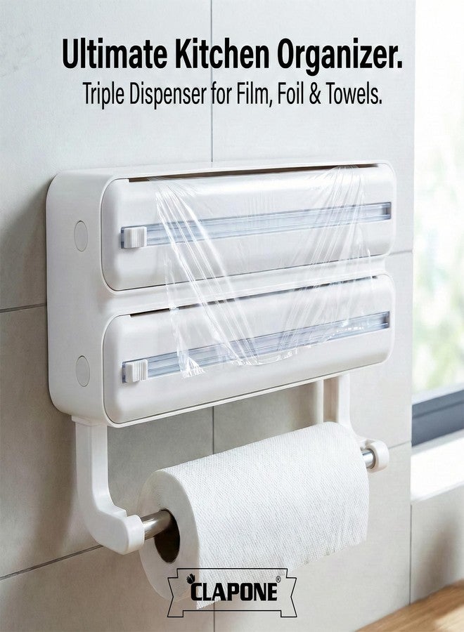 CLAPONE Foil Paper Cutter and Holder Aluminium Foil and Plastic Wrap Organizer with Paper Towel Holder Compatible with Cling Film Tin Foil and Wax Paper Plastic Wrap Dispenser Cutter (White, Dual Layer) - Image 5