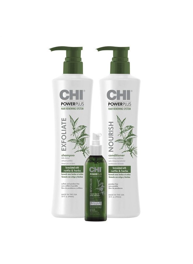 CHI شامبو تقشير باور بلس 32 أونصة، بلسم تغذية باور بلس 32 أونصة، وعلاج فيتامين الشعر وفروة الرأس باور بلس 3 3.5 أونصة سائلة