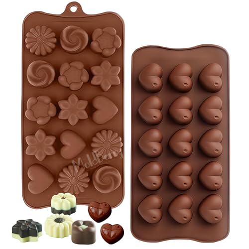 MoldBerry Silicone Chocolate Moulds Set of 2 | Heart & Flower Shape Candy Molds for Chocolate, Jelly, Gummies | Flexible, Non-Stick, Reusable Baking Trays | Mini Silicone Molds for DIY Sweets - Image 1