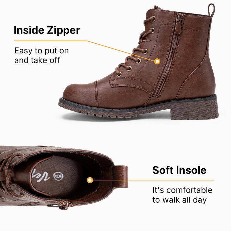Vepose Women's Ankle Boots Lace up, Flat Fashion Combat Booties Low Heel, 910 - Cognac, Red Brown, Size 8 US (CJY910 Cognac 08) - Image 3