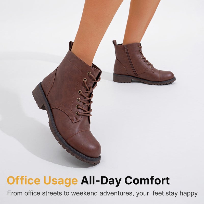 Vepose Women's Ankle Boots Lace up, Flat Fashion Combat Booties Low Heel, 910 - Cognac, Red Brown, Size 8 US (CJY910 Cognac 08) - Image 5