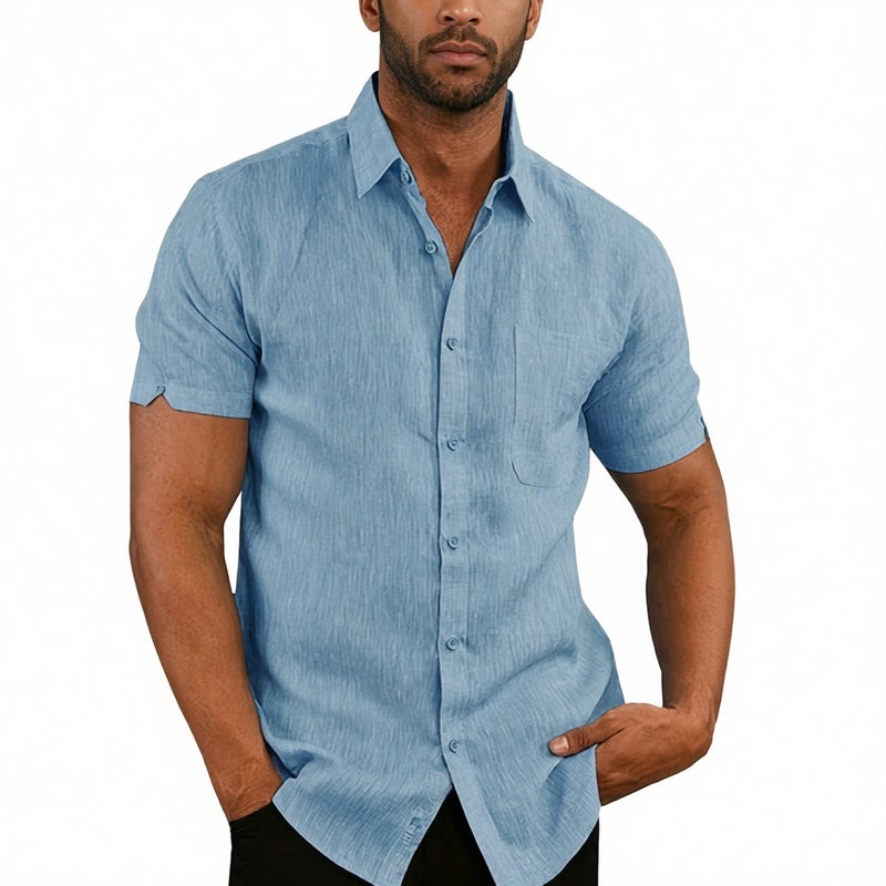 Men's Linen Button Down Short Sleeve Shirt Summer Casual Top - Image 1