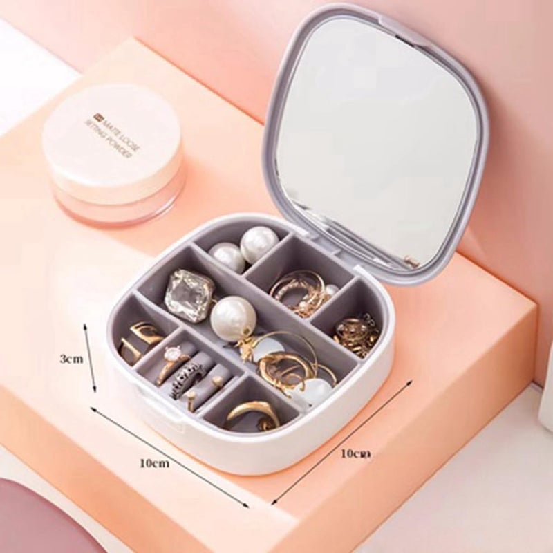 Portable Travel Jewelry Organizer with Mirror - Small and Stylish Accessories Organizer (10x10cm) for Earrings, Rings, Necklaces, Durable and Dust-Proof Design White - Image 2