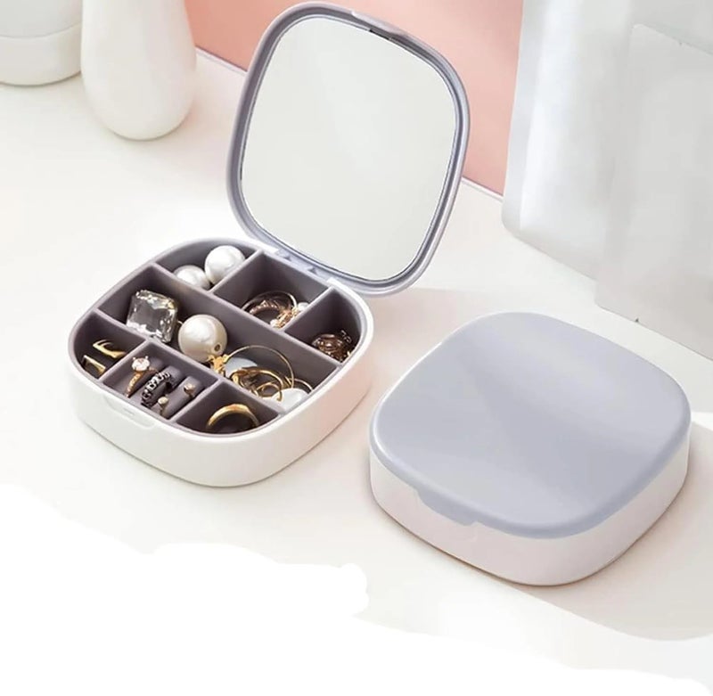 Portable Travel Jewelry Organizer with Mirror - Small and Stylish Accessories Organizer (10x10cm) for Earrings, Rings, Necklaces, Durable and Dust-Proof Design White - Image 3