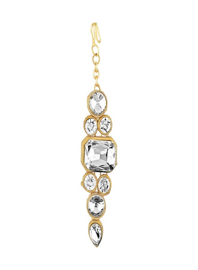MEENAZ Maang Tikka for Women Hair South Indian Temple Traditional Kunden Kundans Gold Pearl Head Chain Bride Dulhan Bridal Wedding Matha patti Tika Moti Teeka simple Set Girls design MaangTikka-M119 - Image 1
