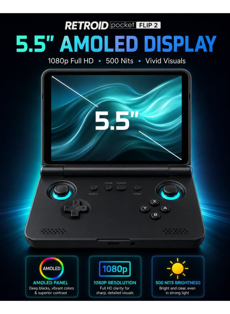جيب الرجعية جهاز ألعاب Retroid Pocket Flip 2 المحمول، شاشة AMOLED مقاس 5.5 بوصة بدقة 1080 بكسل، معالج Snapdragon 865، عصي تحكم بتقنية Hall Effect، نظام Android 13، بطارية 5000 مللي أمبير، جهاز ألعاب محمول، أسود GC - Image 3