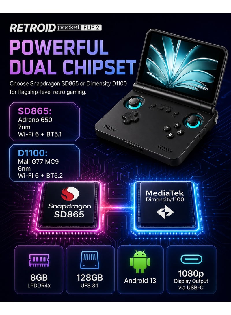 جيب الرجعية جهاز ألعاب Retroid Pocket Flip 2 المحمول، شاشة AMOLED مقاس 5.5 بوصة بدقة 1080 بكسل، معالج Snapdragon 865، عصي تحكم بتقنية Hall Effect، نظام Android 13، بطارية 5000 مللي أمبير، جهاز ألعاب محمول، أسود GC - Image 2