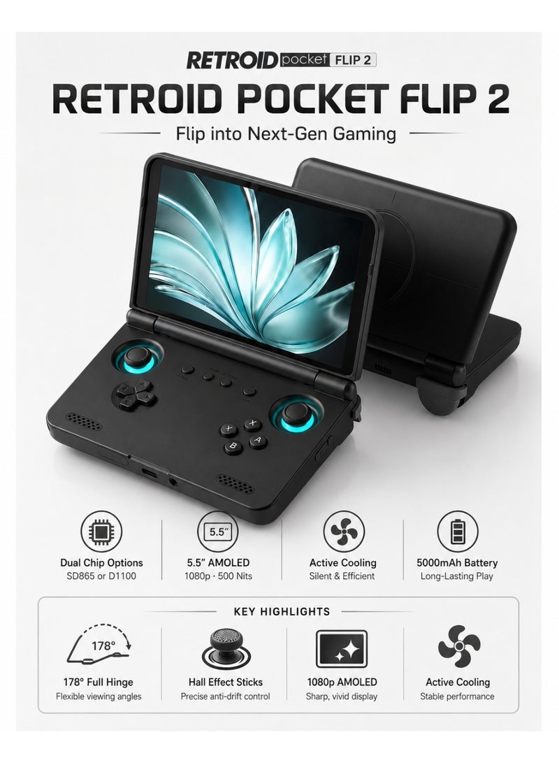 جيب الرجعية جهاز ألعاب Retroid Pocket Flip 2 المحمول، شاشة AMOLED مقاس 5.5 بوصة بدقة 1080 بكسل، معالج Snapdragon 865، عصي تحكم بتقنية Hall Effect، نظام Android 13، بطارية 5000 مللي أمبير، جهاز ألعاب محمول، أسود GC - Image 1