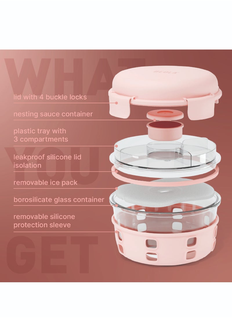 BEOLA Lunch Box, Food Container with Ice Pack, Sauce Cup, 3 Compartment Tray, Borosilicate BPA Free Glass Salad Bowl with Silicone Protection, Freezer, Dishwasher, Microwave Safe, 950ml(Blush Pink)  - Image 2