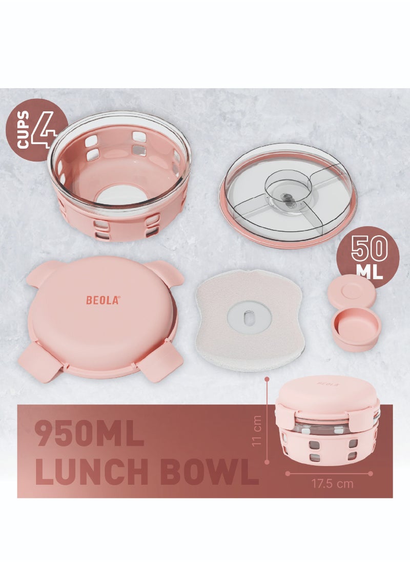 BEOLA Lunch Box, Food Container with Ice Pack, Sauce Cup, 3 Compartment Tray, Borosilicate BPA Free Glass Salad Bowl with Silicone Protection, Freezer, Dishwasher, Microwave Safe, 950ml(Blush Pink)  - Image 3