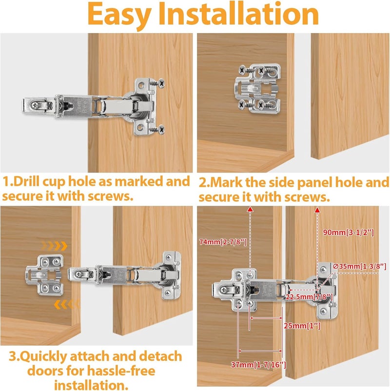TamBee 175 Degree Hinges Frameless Cabinet Doors Hinges 48mm Concealed Hydraulic Adjustable Soft Closing Nickel-Plated Steel Buffer Dampers for Kitchen Corner,1 Pair/2Pcs (Full Overlay) - Image 5