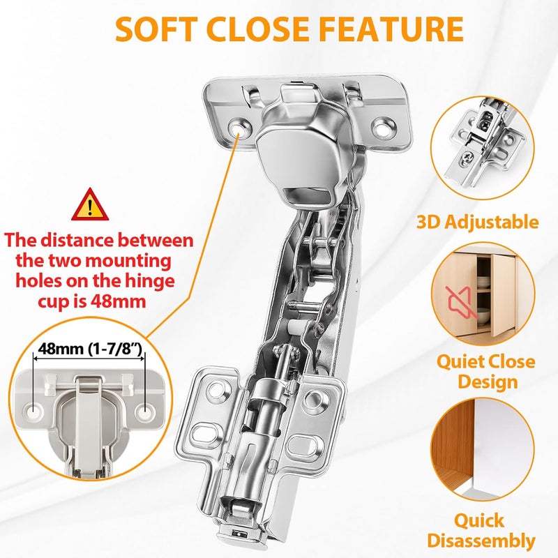 TamBee 175 Degree Hinges Frameless Cabinet Doors Hinges 48mm Concealed Hydraulic Adjustable Soft Closing Nickel-Plated Steel Buffer Dampers for Kitchen Corner,1 Pair/2Pcs (Full Overlay) - Image 2
