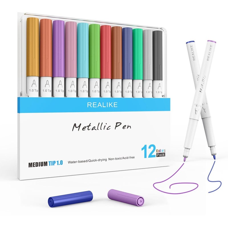 REALIKE Metallic Pens Compatible with Cricut Maker 3/Maker 4/Maker/Explore 3/Explore 4/Air 2/Air, Multicolor Marker Pens Set of 12 Pack Drawing Coloring Pens Compatible with Cricut Machine (1.0 Tip) - Image 1