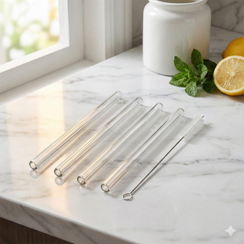 20cm Reusable Glass Straws with Brush – 4-Piece Drinking Set for Juices, Coffee, Cocktails – Durable Borosilicate Food Safe, Taste-Free - Image 3