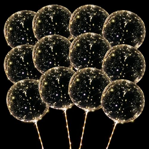 ComboJoy 12 Pack Big Light Up BOBO Led Balloons with Sticks - Clear Balloons with Lights, Glow in the Dark, Flicker in the Daylight - Perfect Glow Party Supplies for Birthday, Wedding, Graduation - Image 1