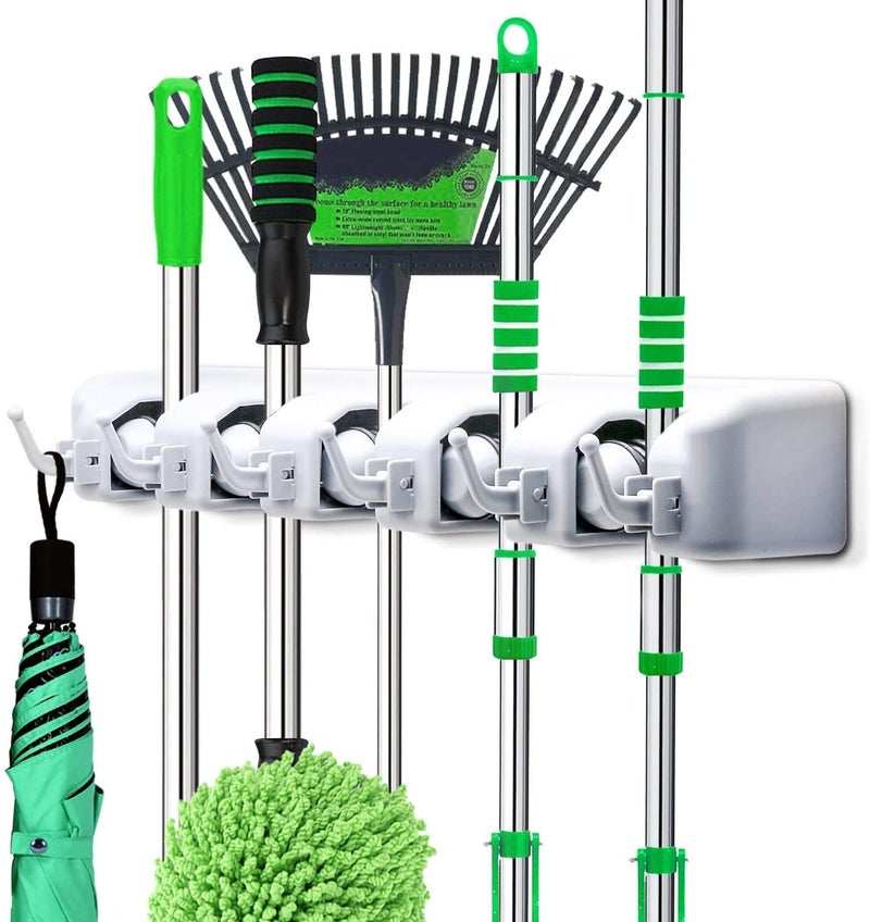 SEASPIRIT Plastic Multipurpose Wall Mounted Magic Holder 5 Slot Broom Holder and Mop Organizer Storage 5 Position 6 Hooks for Kitchen GardenMulticolor - Image 1