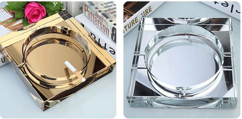 Ash Tray/Ashtray Square Glass Ashtray Crystal Ashtray Fashion Personality Gift Practical Large Boutique Ashtray Golden Large 7.8 Inches Ashtrays for Cigarettes (Color : Clear) - Image 2