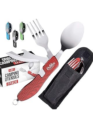 Orblue 4-in-1 Camping Utensils, 2-Pack - Portable Stainless Steel Spoon, Fork, Knife & Bottle Opener Combo Set -