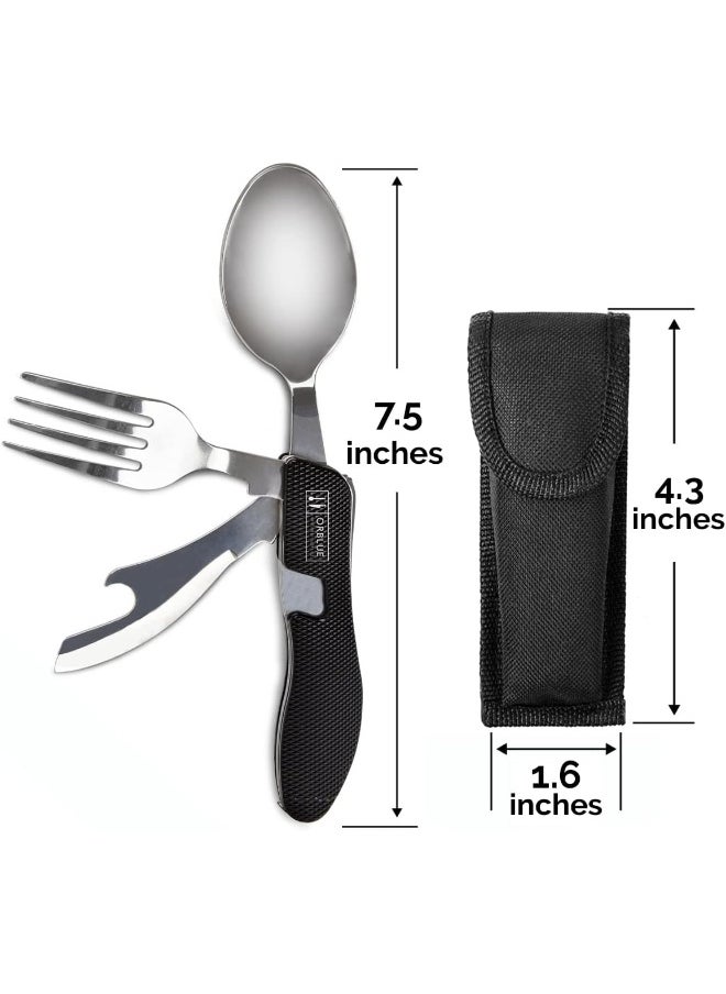 Orblue 4-in-1 Camping Utensils, 2-Pack - Portable Stainless Steel Spoon, Fork, Knife & Bottle Opener Combo Set -