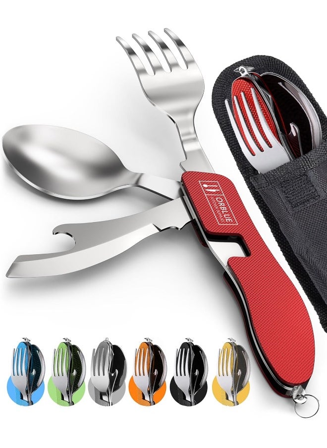 Orblue 4-in-1 Camping Utensils, 2-Pack - Portable Stainless Steel Spoon, Fork, Knife & Bottle Opener Combo Set -