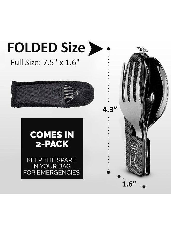 Orblue 4-in-1 Camping Utensils, 2-Pack - Portable Stainless Steel Spoon, Fork, Knife & Bottle Opener Combo Set -