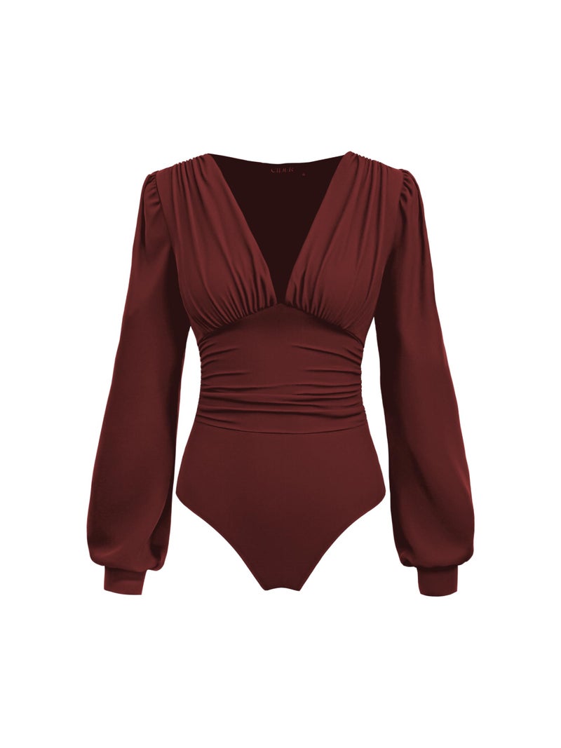 CIDER Long Sleeve Body Suits Womens V Neck Bodysuits Ruched Pleated Corset Bodysuit Leotard Trendy: Red, XS - Image 1