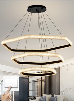 NAGAFA SHOP Modern LED Chandelier, Hexagonal Three Ring Chandelier for Dining Room, 110W Dimmable Black Modern Chandelier, High Ceiling Pendant Light Fixtures, Adjustable Foyer Chandelier  - Image 3