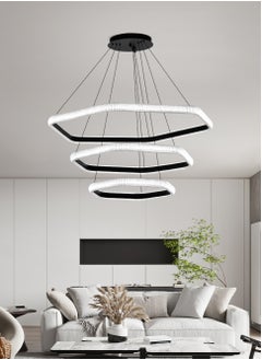 NAGAFA SHOP Modern LED Chandelier, Hexagonal Three Ring Chandelier for Dining Room, 110W Dimmable Black Modern Chandelier, High Ceiling Pendant Light Fixtures, Adjustable Foyer Chandelier  - Image 4