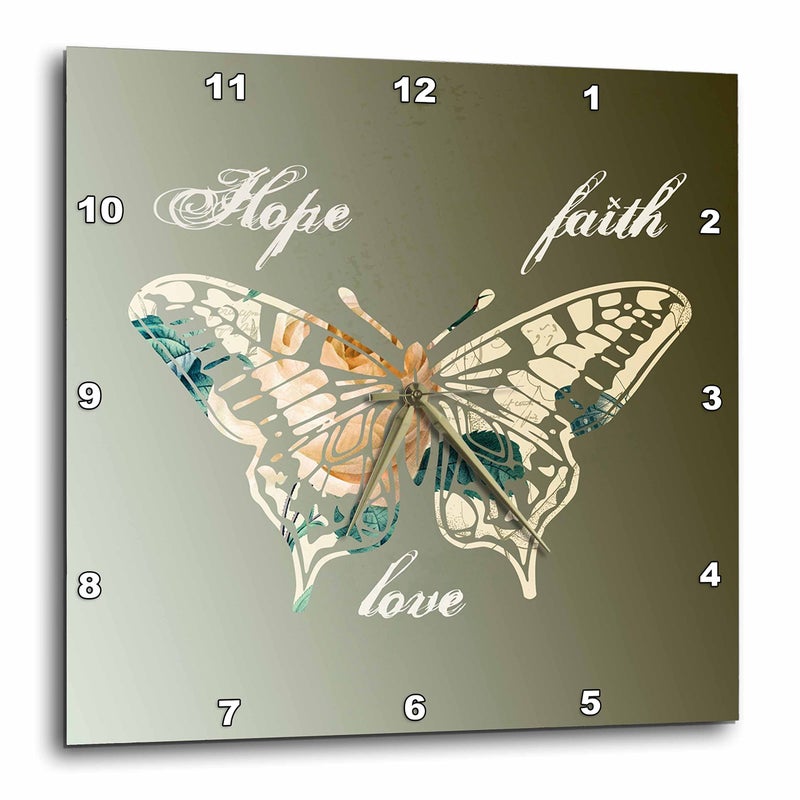 3dRose DPP_155872_2 Hope Faith Love Gold Butterfly Inspirational Art Wall Clock 13 by 13