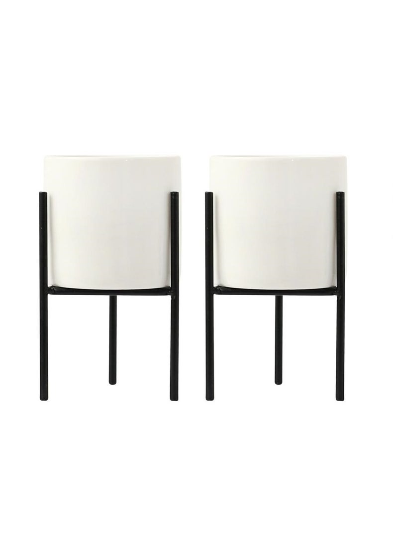 Bluejw 2-Piece Creative Ceramic Metal Holder Plant Vases With Flower Pot Rack Stand Set - Image 1