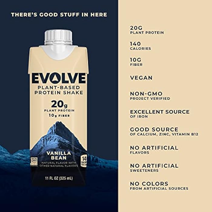 Evolve Plant Based Protein Shake, Vanilla Bean, 20g Vegan Protein, Dairy Free, No Artificial Sweeteners, Non-GMO, 10g Fiber, 11 Fl Oz (Pack of 12) (Formula May Vary) - Image 2