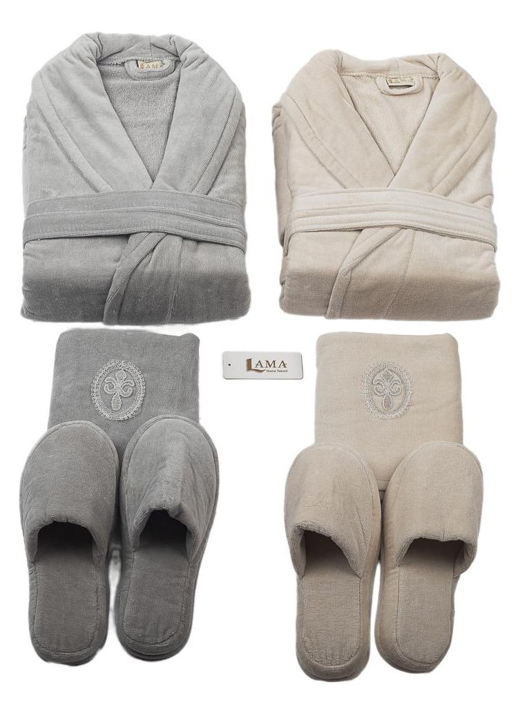 منزل لمى منسوجات طقم روب حمام رمادي وبيج كبلز - Image 2