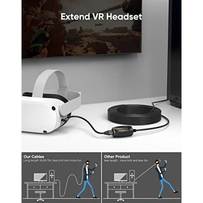 VR gaming and motion tracking applications, braided nylon cable, black, 5-meter length with signal booster for stable high-speed data transfer - Image 2