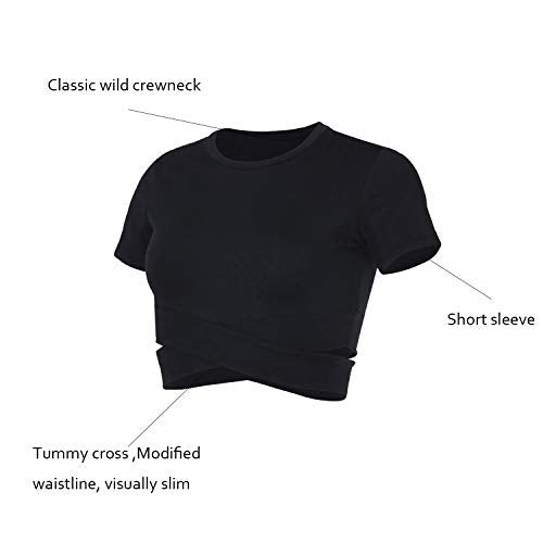 DREAM SLIM Short Sleeve Crop Tops for Women Tummy Cross Fitted Yoga Gym Tops Lightweight Workout Cropped Tank Top (Black, S) - Image 5