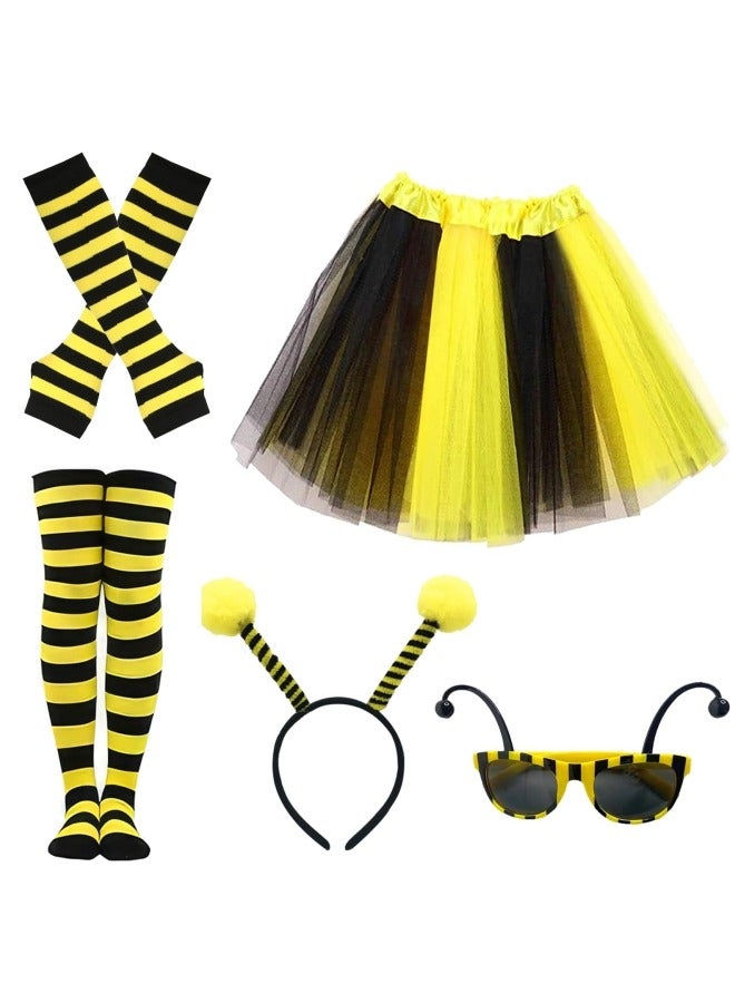 CCOVERY Bee Costume Kids, Fancy Dress for Kids Bee Headband Tulle Skirt Striped Socks Long Gloves Bee Glasses - Image 1