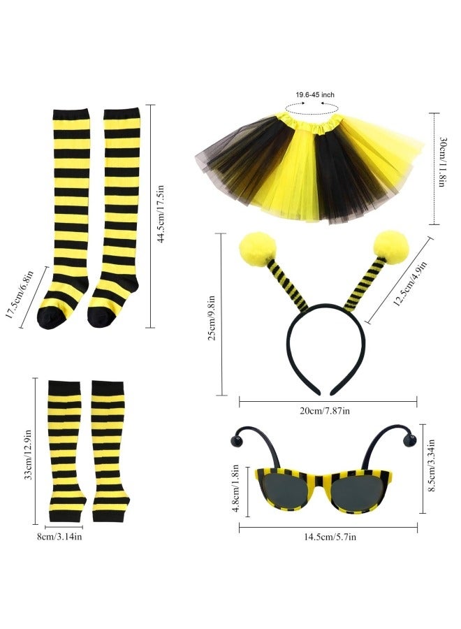 CCOVERY Bee Costume Kids, Fancy Dress for Kids Bee Headband Tulle Skirt Striped Socks Long Gloves Bee Glasses - Image 2