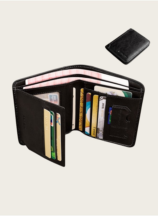 بانيانو محفظة رجالية من الجلد الطبيعي RFID مضادة للسرقة، محفظة رأسية من جلد البقر من الطبقة الأولى باللون الأسود  - Image 1